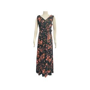 70s Black & Pink Polyester Maxi Hostess Calla Lily Floral Print Dress Vtg Sz 18